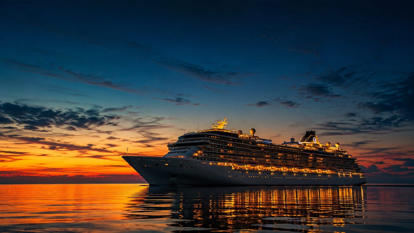A cruise ship at sunset reflecting on calm water