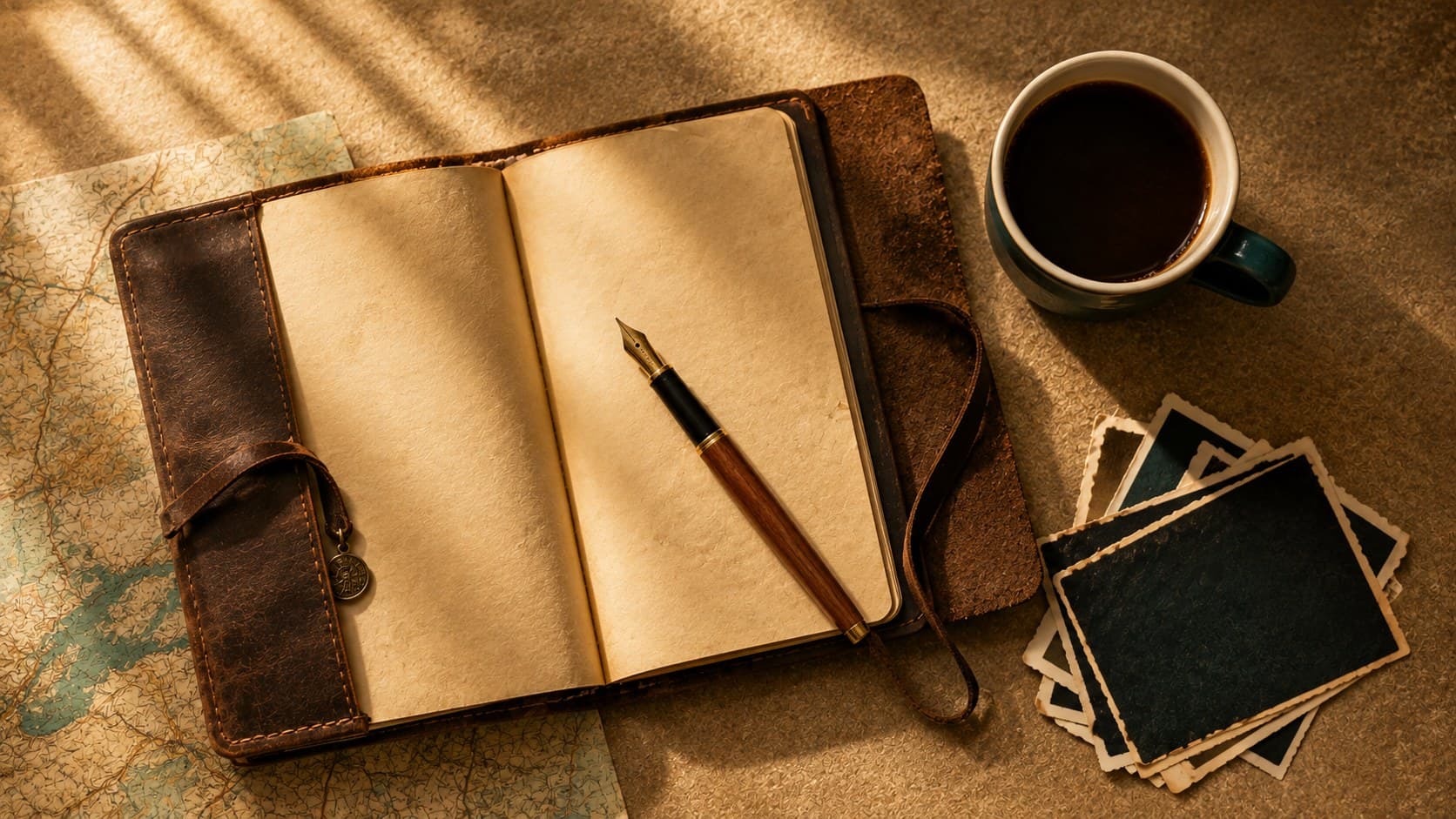 A leather travel journal open on a desk with a fountain pen, a folded map, a stack of photographs and a cup of coffee