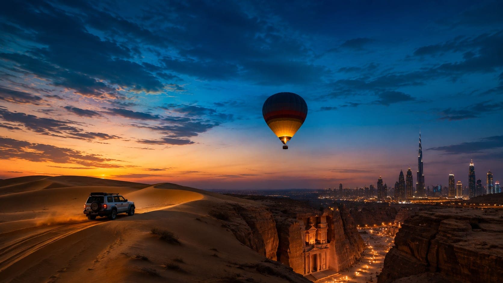 Desert safari, hot air balloon and city skyline at dusk