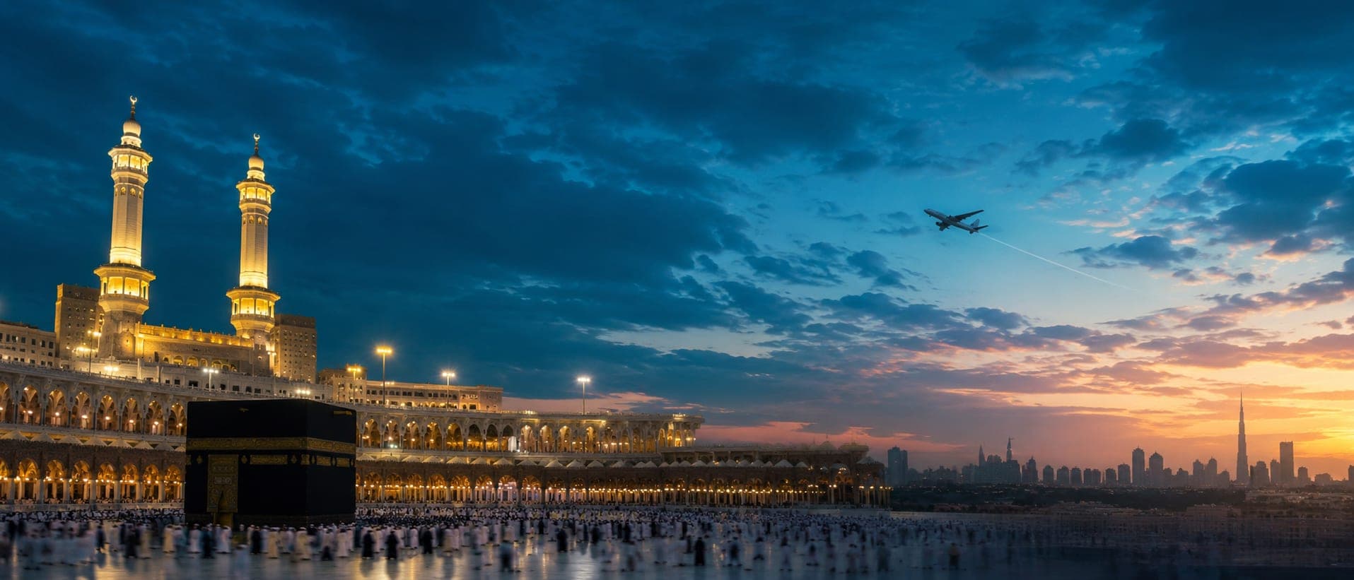 Masjid al-Haram at dusk with pilgrims below and a departing flight overhead
