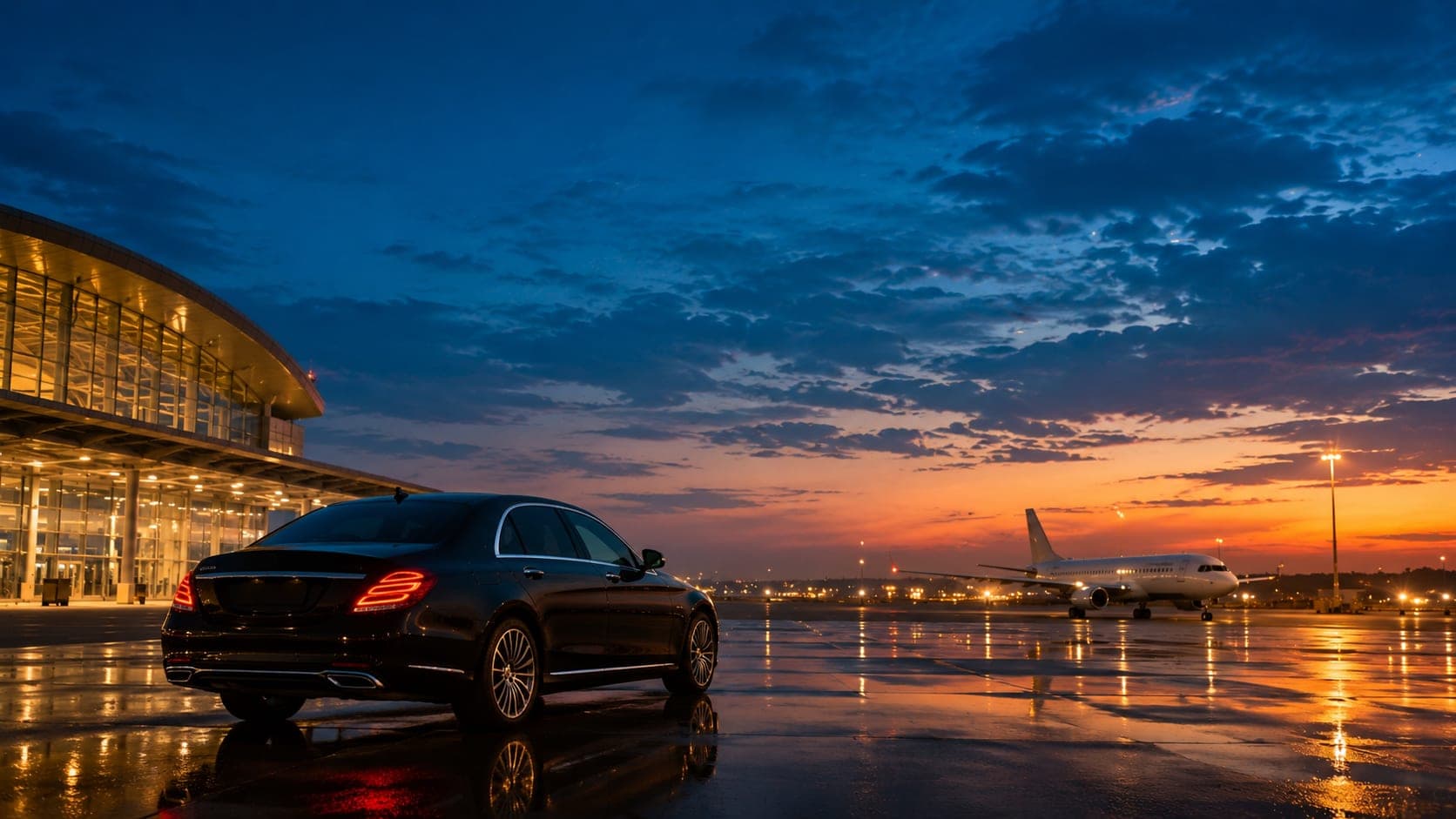 Luxury sedan on an airport tarmac at dusk