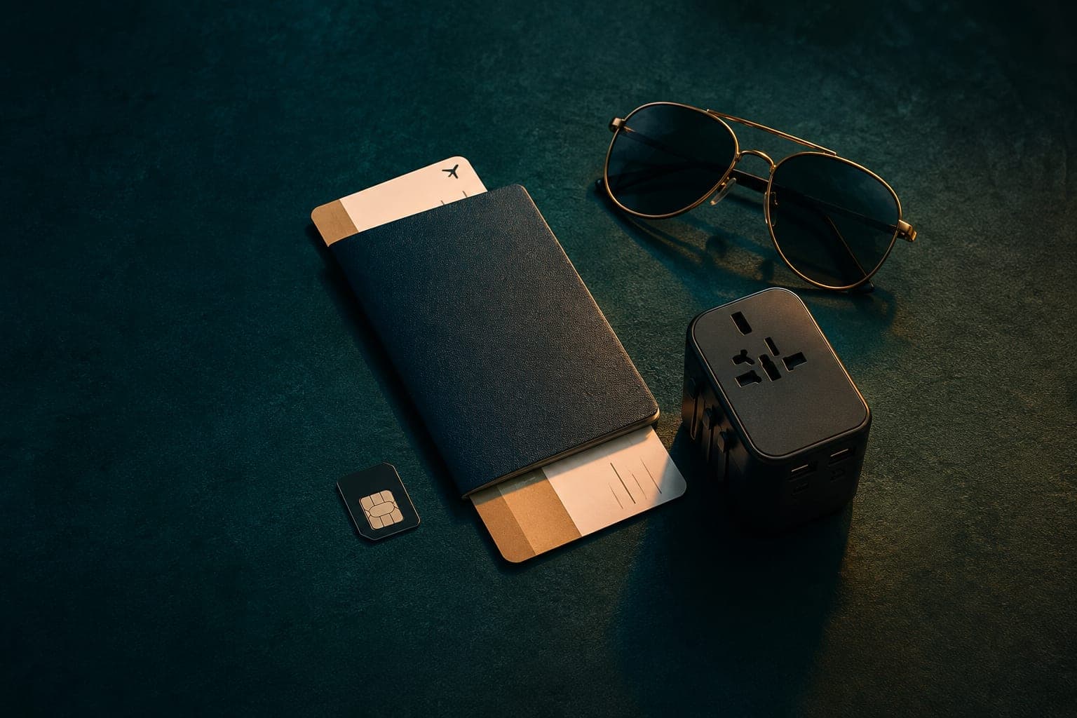 A flat lay of a passport, boarding pass, eSIM, sunglasses and a travel adapter